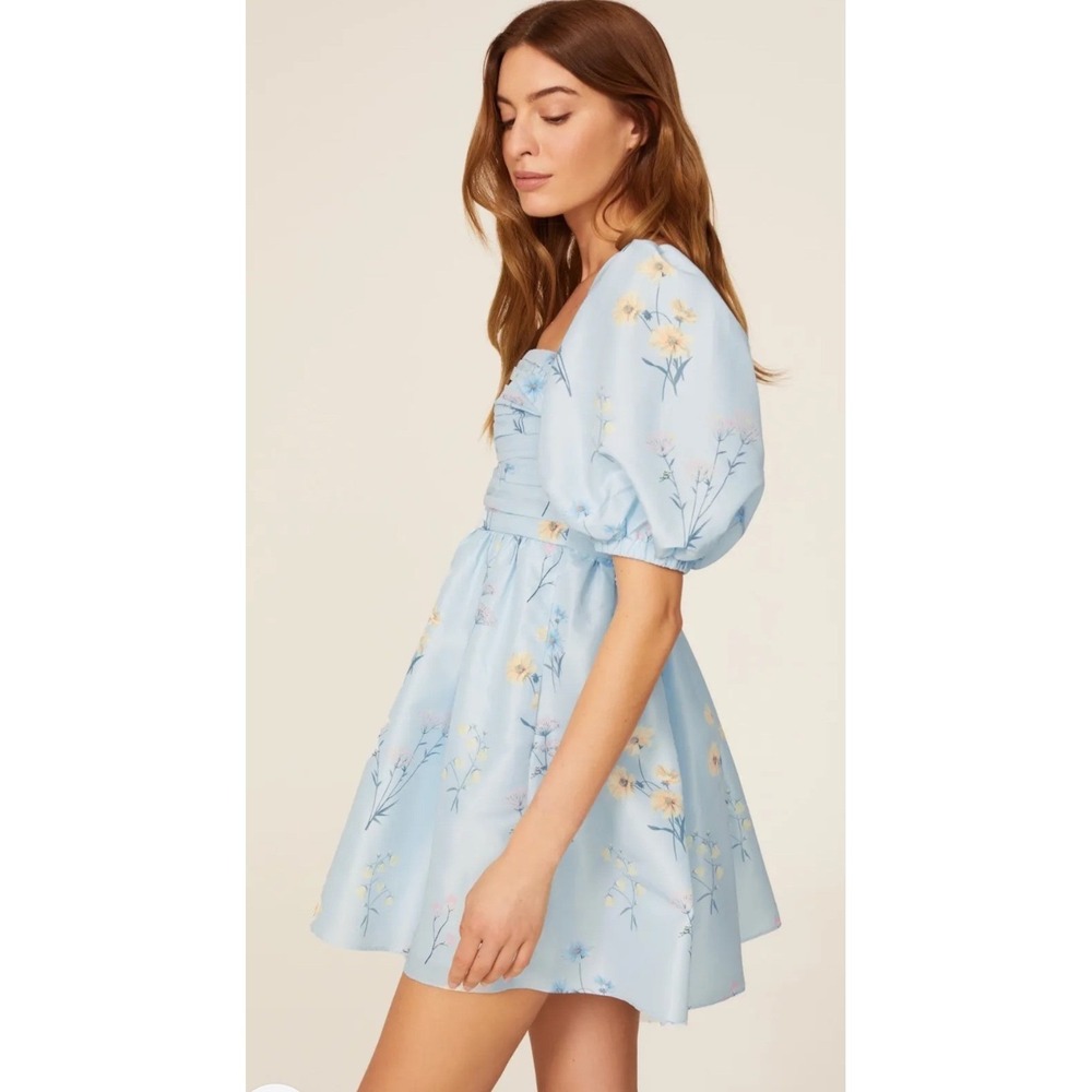 Self-Portrait Light Blue Floral Taffeta Puff Sleeve Mini Dress Square Neck 10 - Picture 3 of 8